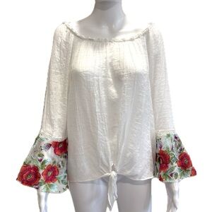 BCX Floral Embroidered Bell Sleeve Tie Front Top Size XL White Crinkled Blouse